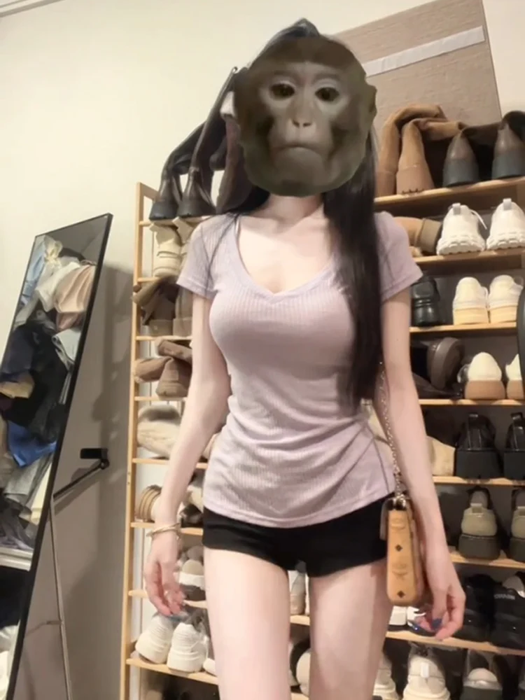 الكورية Sle الرغبة النقية الأرجواني ort Sve V-ne تي شيرت المرأة التخسيس الخصر مقصوص الصيف Faionable