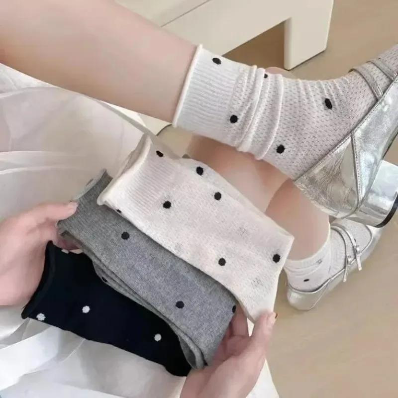 

Dot Socks for Women Spring Summer Thin Female Dot Print Cotton Socks for Girls Gift Cute Kawaii Black White Ruffle Sox Fashion