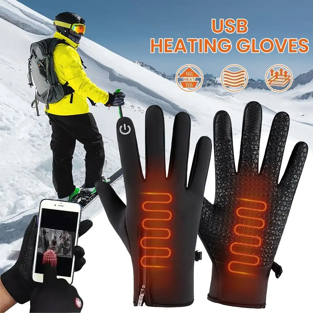 Durable Polyester USB Heated Gloves Reusable Waterproof Rechargeable Gloves Non-Slip Adjustable Touchscreen Gloves for Winter