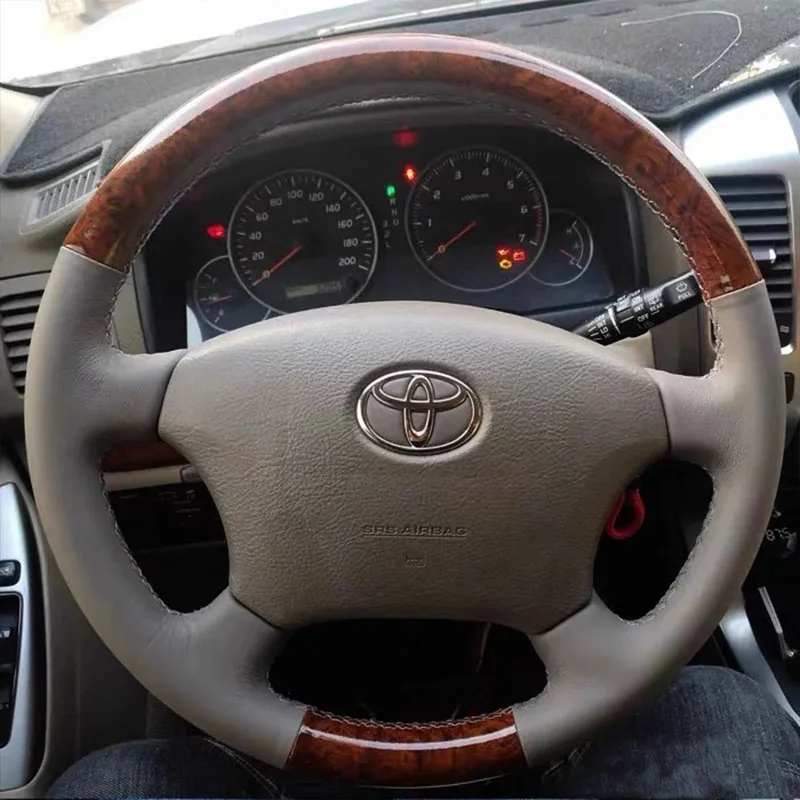 for Toyota old Prado previa FJ cruiser Hand Stitched non-slip grey genuine leather peach wood grain Car Steering Wheel Cover