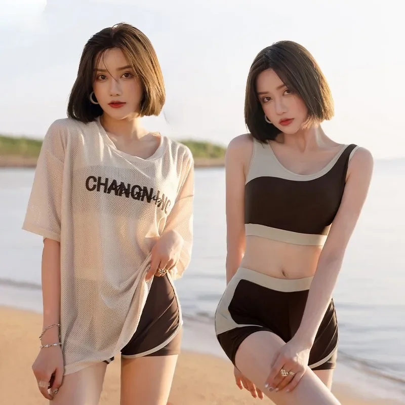 

2023 New 3 In 1 Swimsuit Woman Two-Piece Set Triangle BikiniS High Waist Korean Women's Solid Bikini Hot Spring Bathing Suit