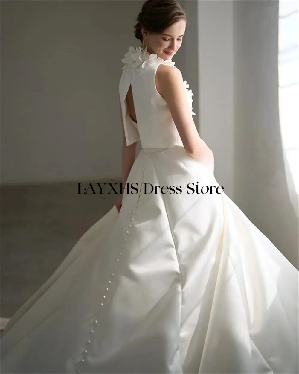 Eleganckie, ręcznie robione suknie ślubne z kwiatami 3D, dwuczęściowe, satynowe suknie ślubne w kolorze kości słoniowej z trenem, vestidos de novia, szyte na miarę