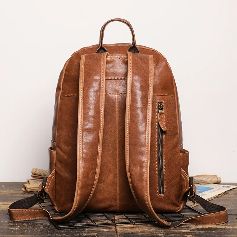 and Vintage Men Ladies Outdoor Travel Backpack School Book Cowhide Brown Zipper 14 Inch Computer Notebook Bag