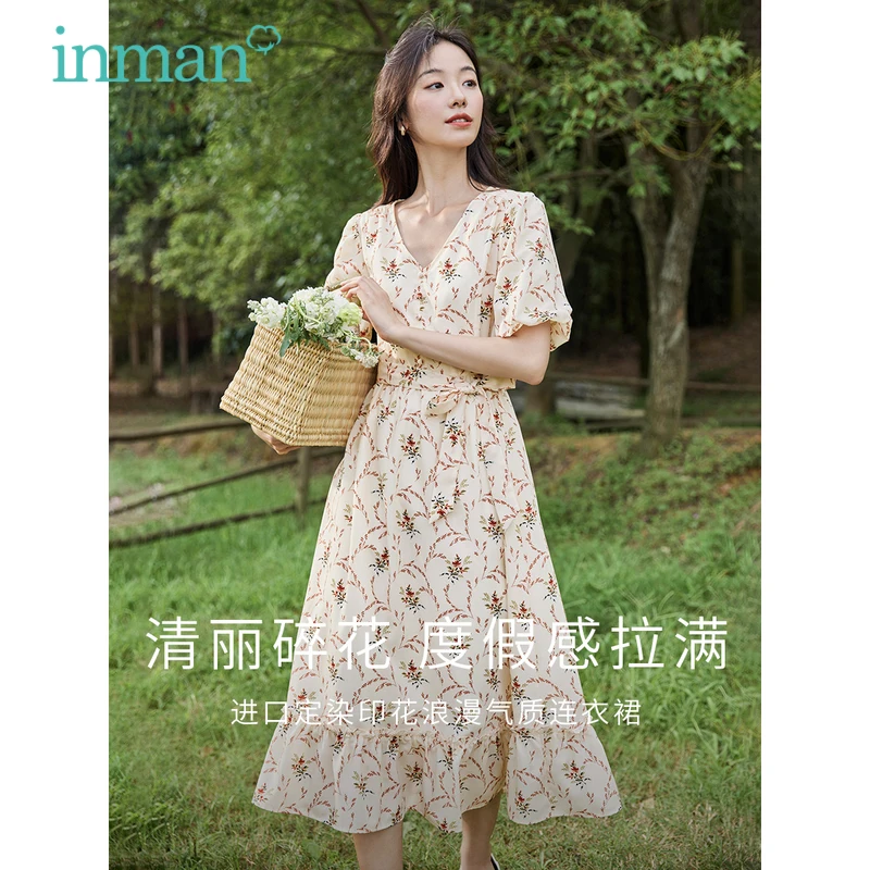 

INMAN Women Dress 2023 Summer Puff Sleeve V Neck A-shaped High Waisted Design Printing Fashion Romantic Vacation Skirt