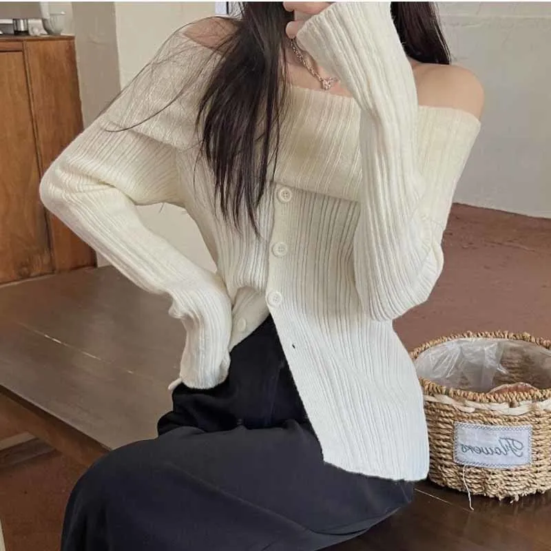 Chic Winter Off Shoulder Sweater Women Long Sleeve Warm Knitted Sweaters Female Elegant Sexy Top Jumper Pull Femme