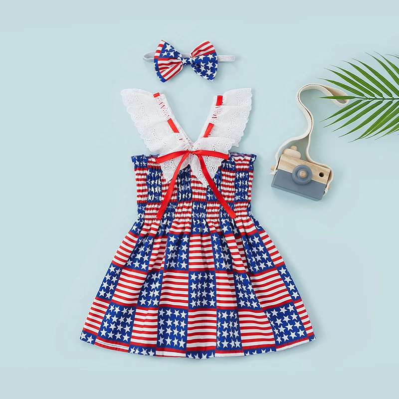 Cute Toddler s Ruffle Strap Dress with American Flag Print and Tie-up Detail Perfect for Fourth of July Celebration