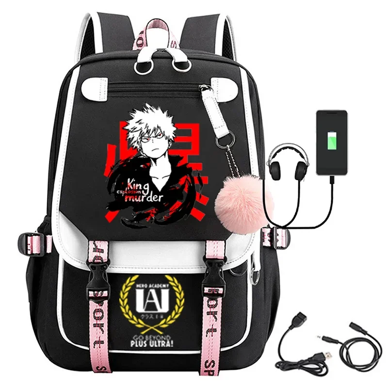 My Hero Academia Bakugou Anime USB Port Backpack Nylon School Book Student Travel Bags Laptop Casual Large Messenger Bag