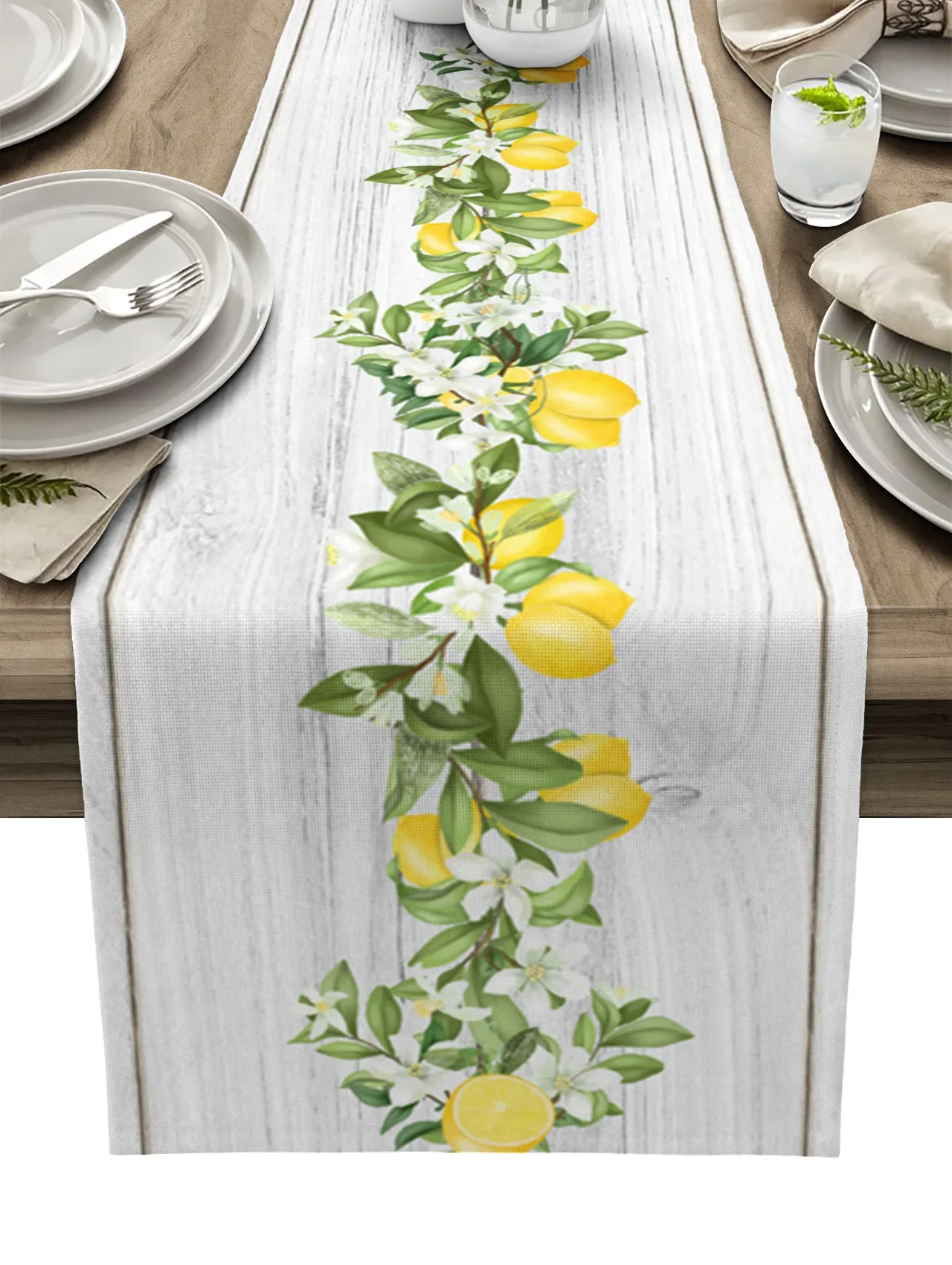 Lemon Leaf Flower White Wood Grain Linen Table Runners Kitchen Table Decoration Dining Table Runner Wedding Party Supplies