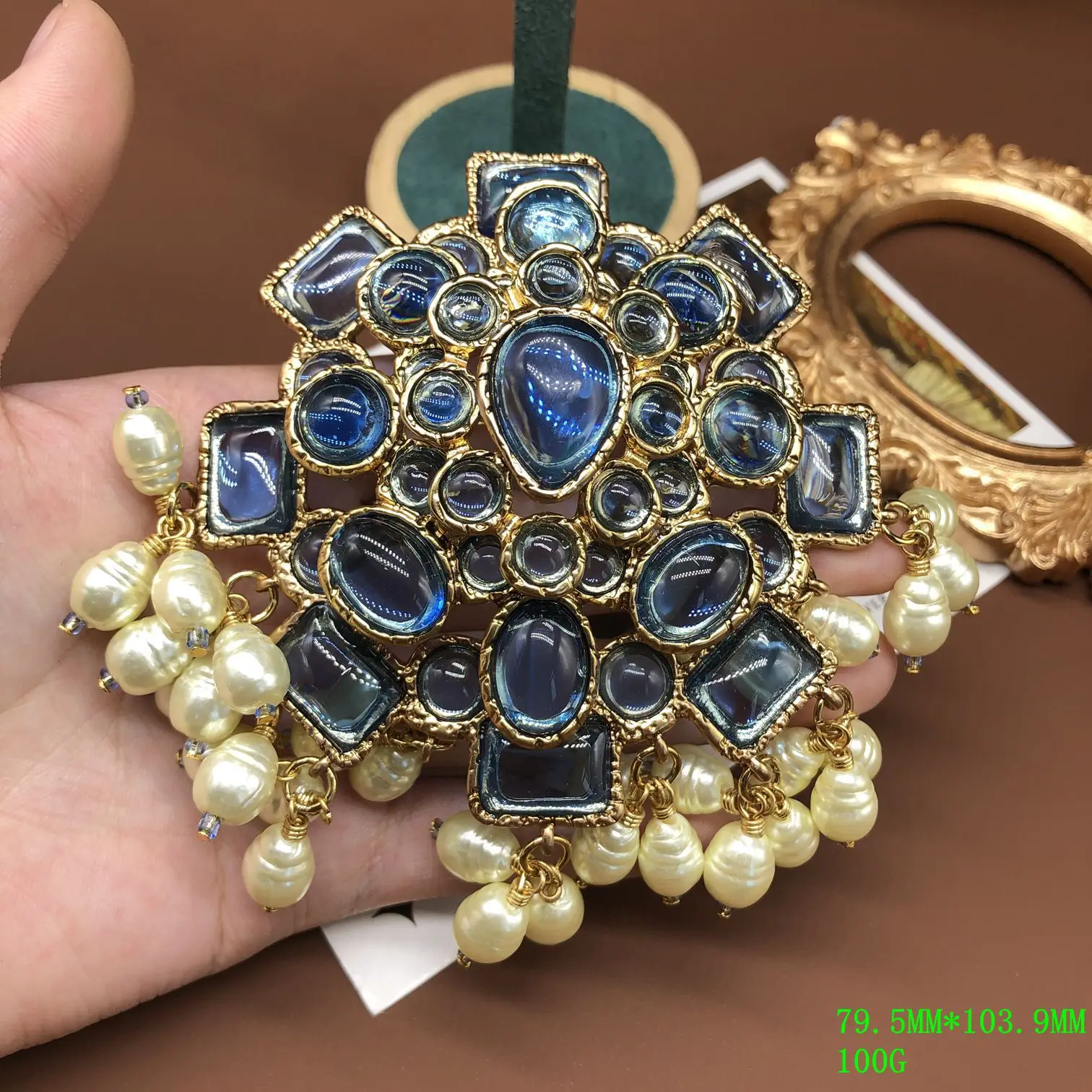 heavy industry multi-layer three-dimensional irregular-shaped glass pearl tassel blue brooch vintage jewelry