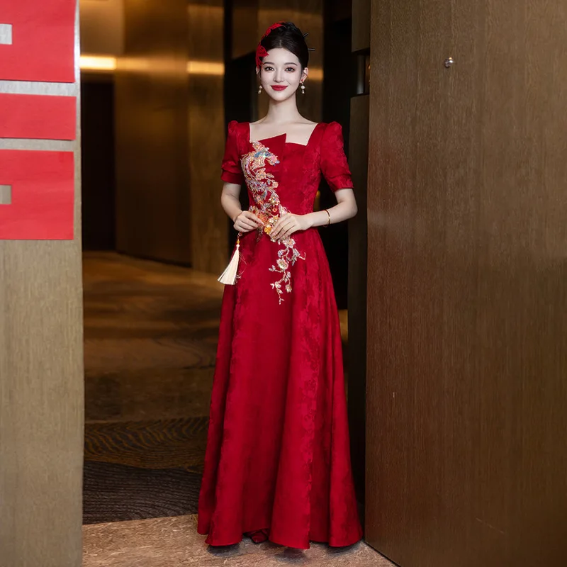 

New Chinese Style Wine Red Bridal Toast Dress 2025 New Engagement Evening Dress Long Style Banquet Dress for Women