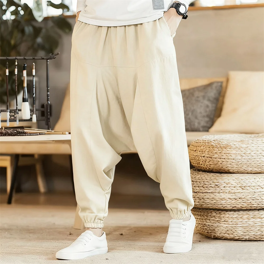 الرجال القطن والكتان السراويل سراويلي حريمي فضفاض عادية كبيرة الحجم فضفاض ركض بنطال ذو قصة أرجل واسعة اليوغا قطرة المنشعب بنطلون الهيب هوب