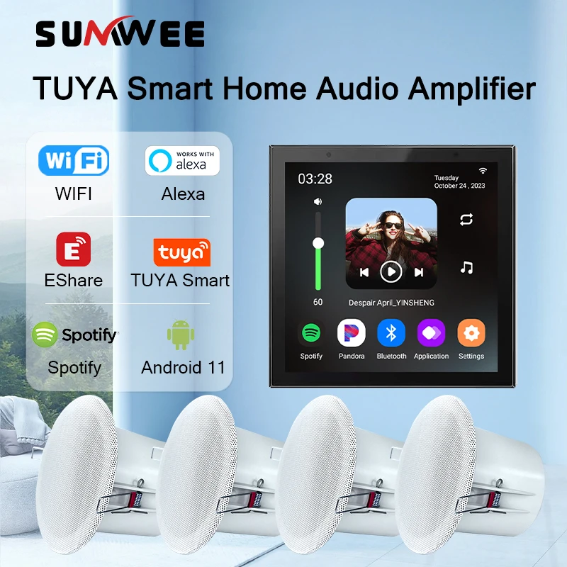 TUYA Smart Home 4 بوصة أندرويد 11 بلوتوث الصوت في الجدار مكبر للصوت اليكسا التحكم الصوتي خلفية الموسيقى مع مكبرات الصوت السقف