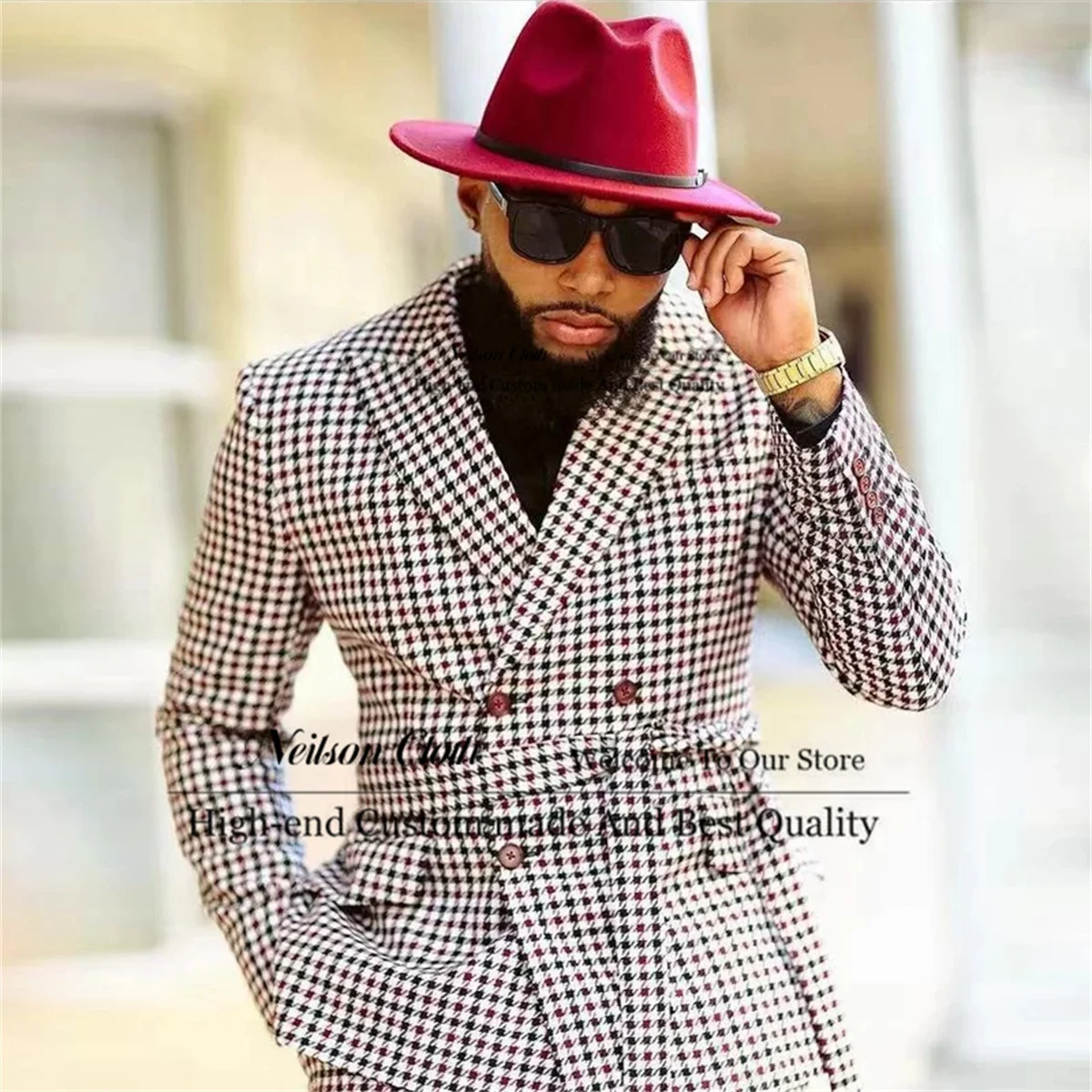 

Houndstooth Male Prom Blazers Peaked Lapel Groom Wedding Tuxedos 2 Pieces Sets Men Suits Double Breasted With Belt Costume Homme