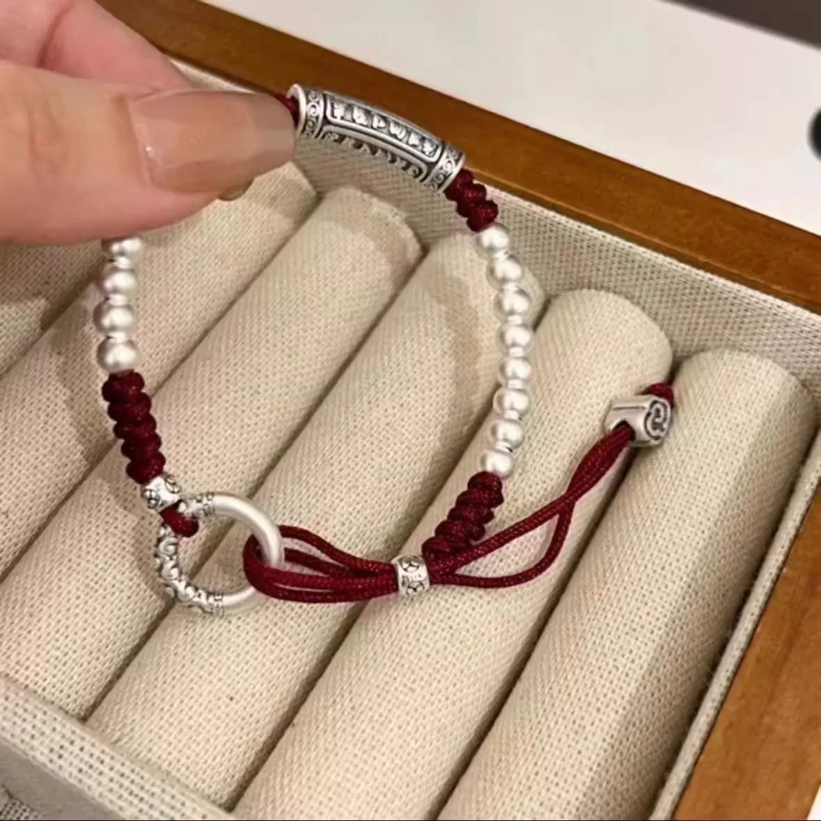 Six Character Mantra Peace Buckle Retro Style Handmade Beaded Red Bracelet for Men and Women Chinese Zodiac Year Gifts