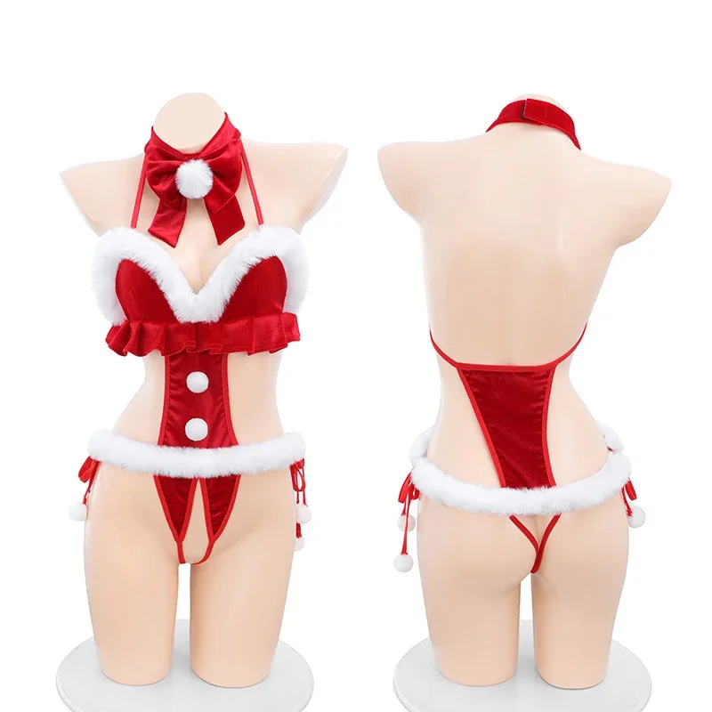 Combinaison en peluche à bout ouvert pour filles, uniforme d'appel de Noël avec nœud, robe sexy pour femmes, olympiques de Noël imbibés