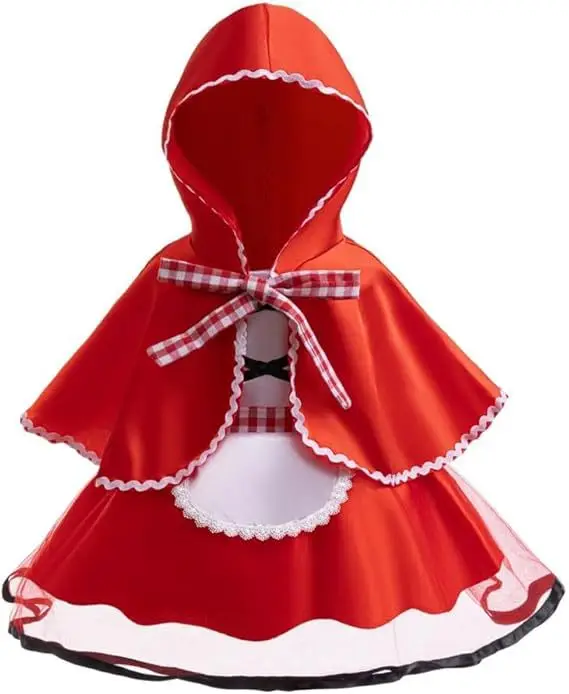 Girls Little Red Riding Hood Halloween Costume Kids Hooded Cape Dress Fairy Tale Holiday Party Cosplay Fancy Dress Outfit