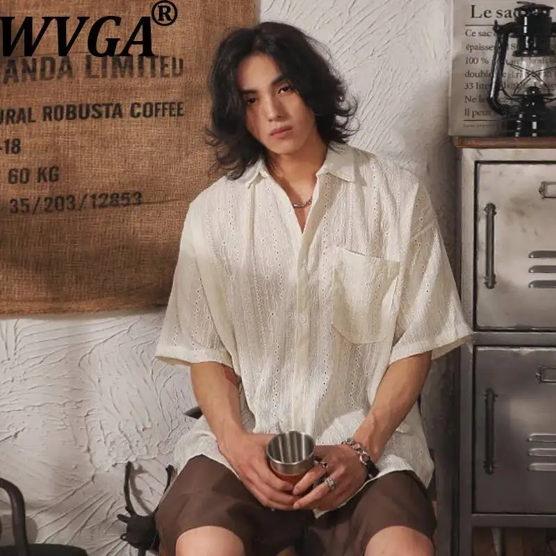 

WVGA Summer New Men Tide Unique Design Hollow Out Trendy Short Sleeve Shirt Ethnic Style Niche Chic Casual Loose Tops Ins W24906