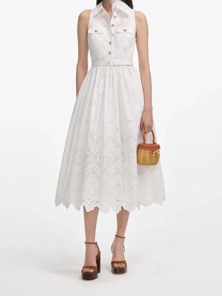 Wysoki stan, bez rękawów, pasek, wycięcia, spódnica o średniej długości w kształcie litery A, włókno poliestrowe, wiosna, lato, jesień, prosty, elegancki.