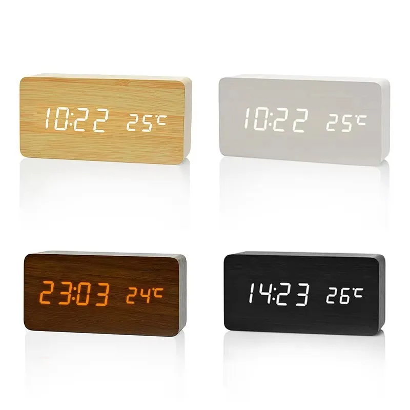 Wooden Digital Alarm Clock  LED Table Clock with Temperature for Bedroom Office Desk Decorations