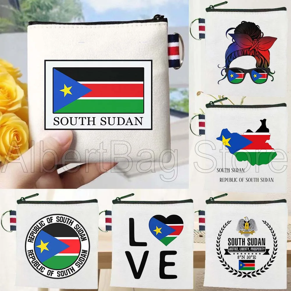

South Sudan National Flag Map Heart Patriotic Gifts Canvas Coin Purse Bag Small Square Key Storage Card Bag Cotton Wallet Pouch