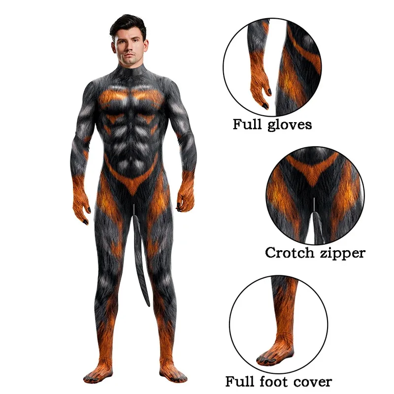 

Cosplay Animal Wolf Print Couple Costume with Tail Crotch Zipper Halloween Party Cosplay Outfit Disguise Zentai Bodysuit Catsuit