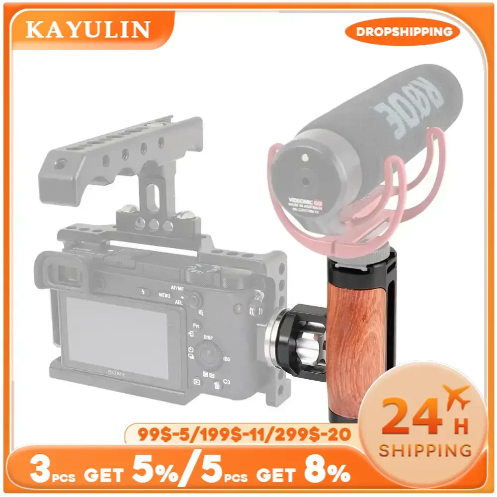 Kayulin Wooden Handle with ARRI Rosette Camera Cage Side Handle With Cold Shoe Mount for Microphone and flash light(Either Side)