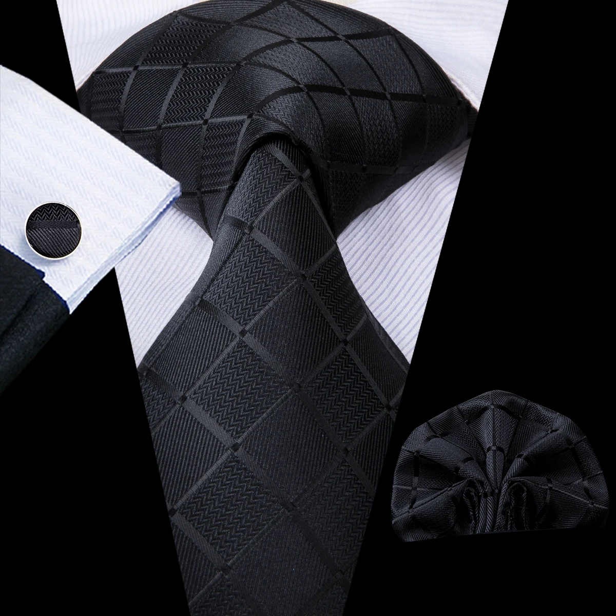 Hi-Tie Designer Black Plaid Silk Wedding Tie For Men Handky Cufflink Gift Mens Elegant Necktie Fashion Business Party