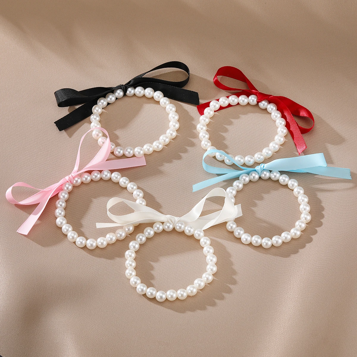 FNIO Simple Retro Imitation Pearls Bead Bracelet For Women Bow Ribbon Love Pendant Bracelet Fashion Party Jewelry Wristband Gift