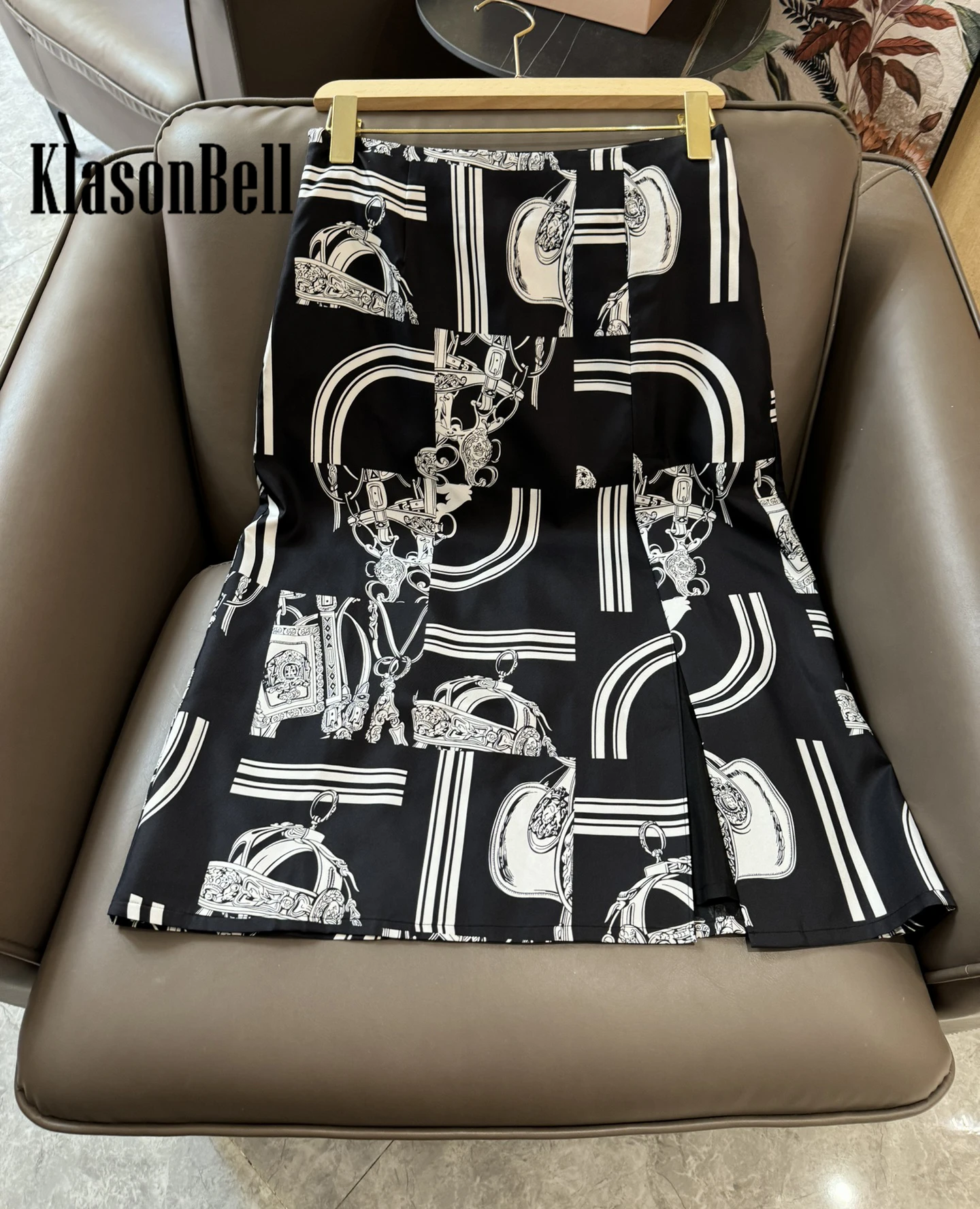 3.16 KlasonBell Geometric Print Silk Spliced Knit Hollow Out Breathable O-Neck T-Shirt Or High Waist Split Skirt Set Women