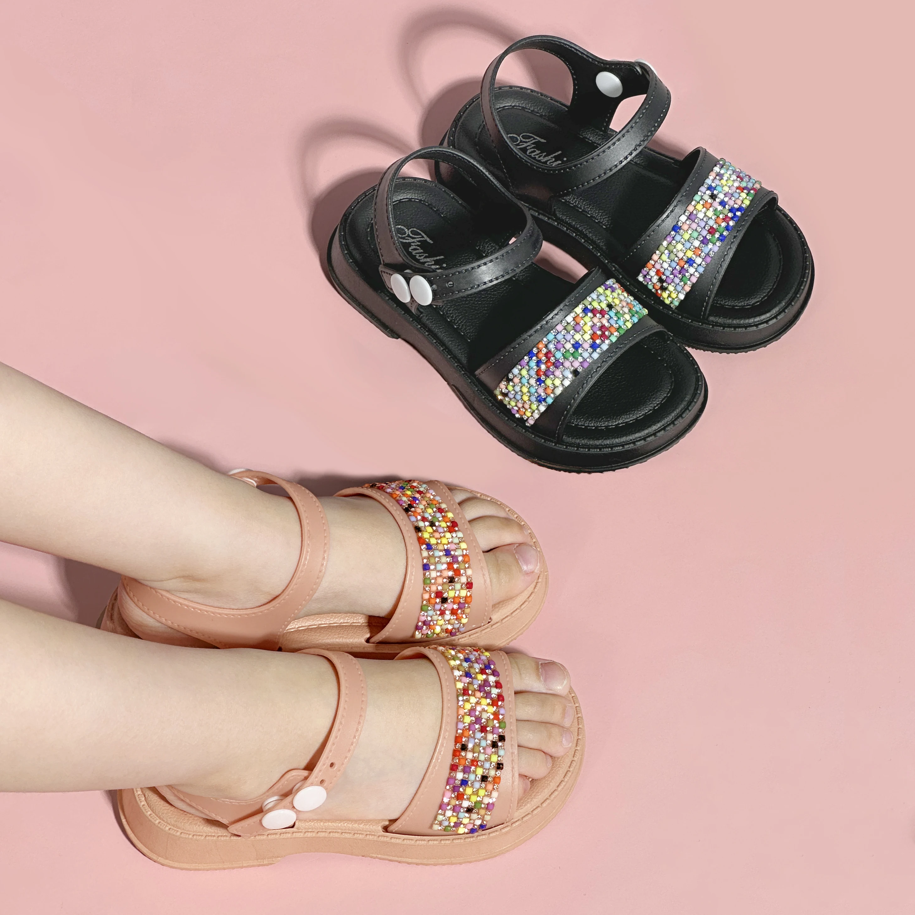 Summer Flat Heel Shiny Girls' Sandals Baby Fashion Sparkling Sequined Rhinestone Princess Shoes