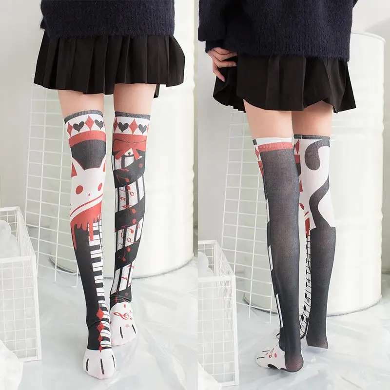 Printed silk stockings thin women's spring and autumn Japanese Lolita cute anime knee length long tube white velvet socks