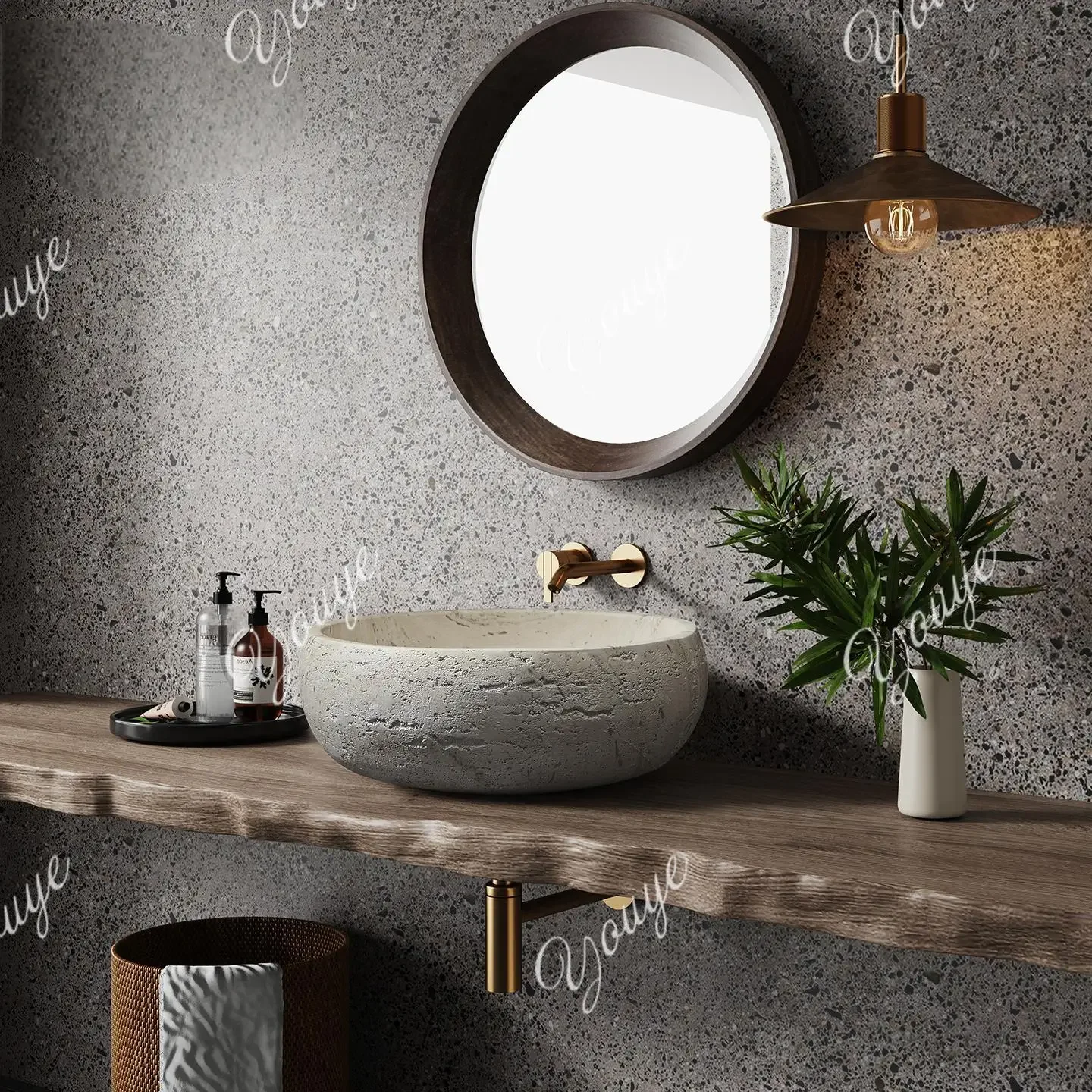 

Vintage Round Travertine Vessel Sink, Beige Mid-century Modern Console Basin for Hotel Villa Bathroom, Customizable