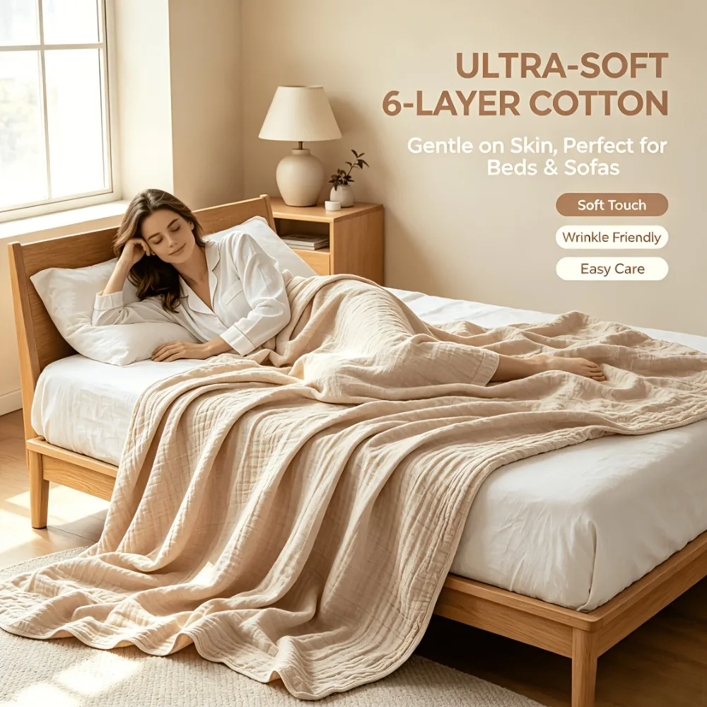 100% Cotton Muslin Blankets Lightweight Cotton Throw Cooling Soft Throw Blanket for Year-Round Comfort Breathable Bedspread 1PC