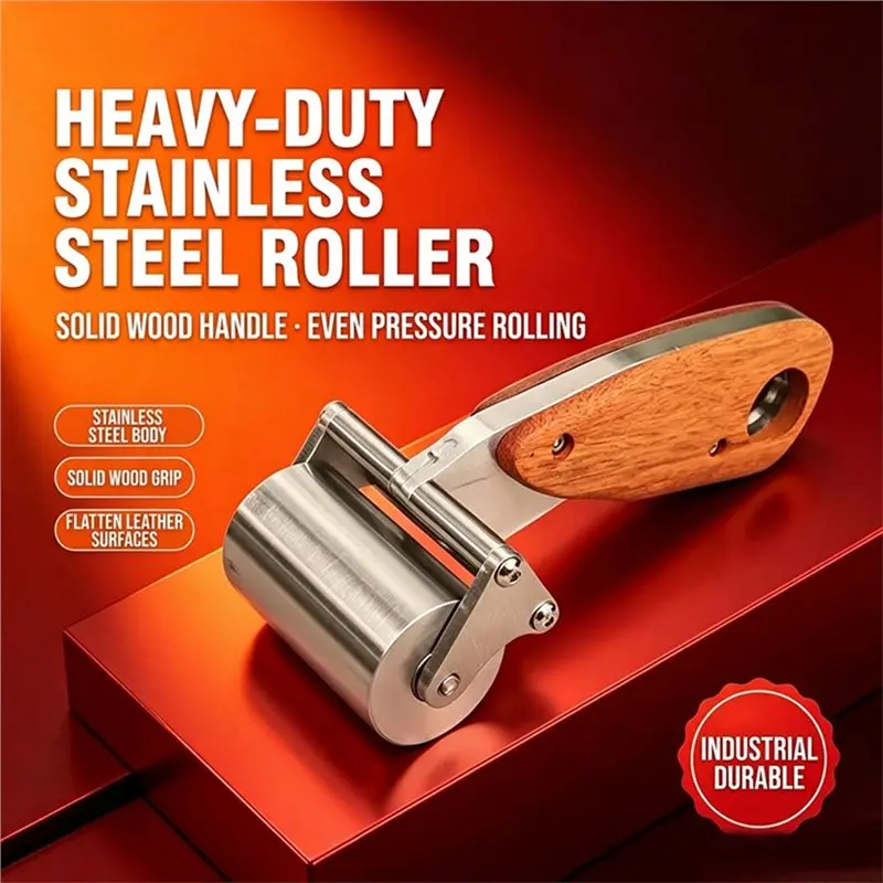 A27F-Solid Wooden Handle Flattening Tool, Push-Wheel Leather Edging Tool, DIY Leather Pressing Roller