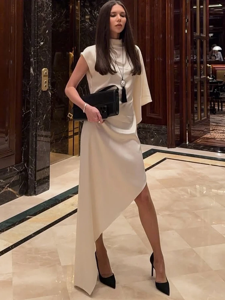 Elegancka satynowa sukienka maxi Oniflyme z nieregularnym dołem, damska moda, golf, rękawy typu peleryna, luźna odzież uliczna, codzienne sukienki na imprezę, Vestido