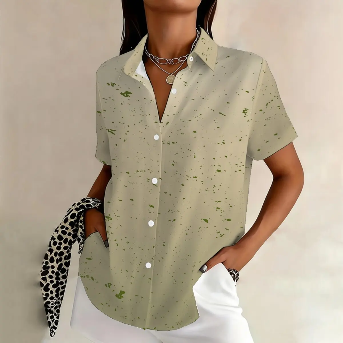 

Simple and personalized ink dyed gradient print summer women's plus size lapel short sleeved shirt fashionable versatile top