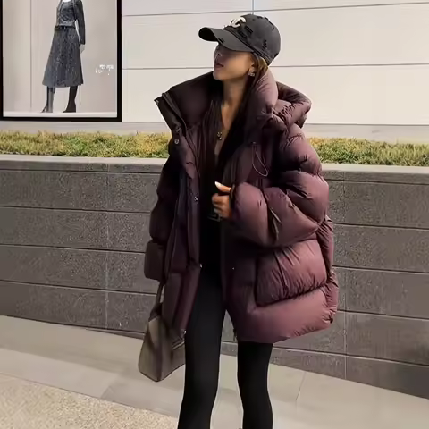 2025 New Winter Hooded Loose Large Cocoon Warm Puffer Coat Women Casual Mid Length White Duck Down Jacket Parka Outwear