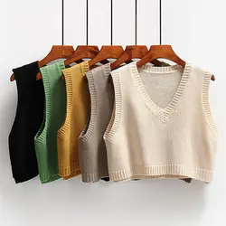 V-neck Knitted Vest Women's Retro Preppy Style Versatile Wear Solid Color Cropped Pullover Sleeveless Sweater