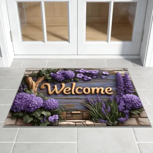 Entrance Welcome Mat Golden Carved Letters Vibrant Purple Foliage Clusters Cobblestone Paving Border Distressed Blue Woodgrain