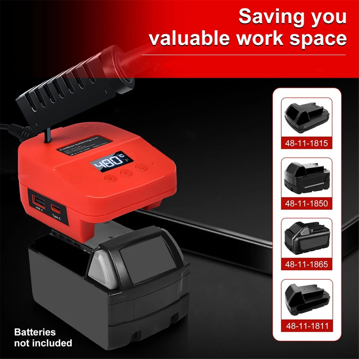 

A05R05 Soldering Iron Station for Milwaukee M18 18V Battery Cordless Soldering Iron with Digital LCD Display,USB&Type-C Port