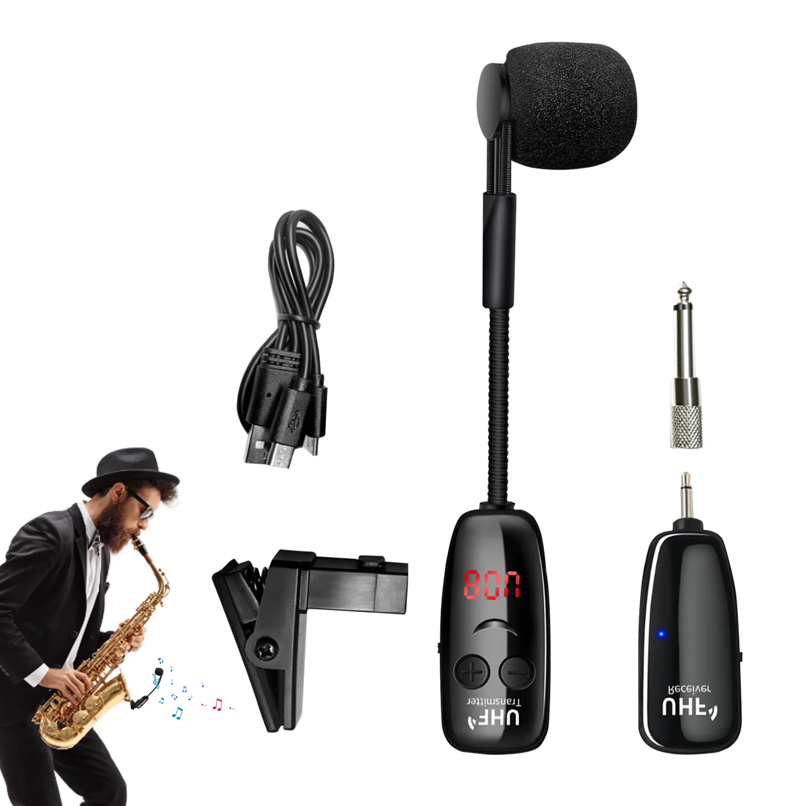 UHF Saxophone Microphone Clip-On Instrument Microphone Wireless Receiver and Transmitter for Sax and Trumpet Trumpet Microphone