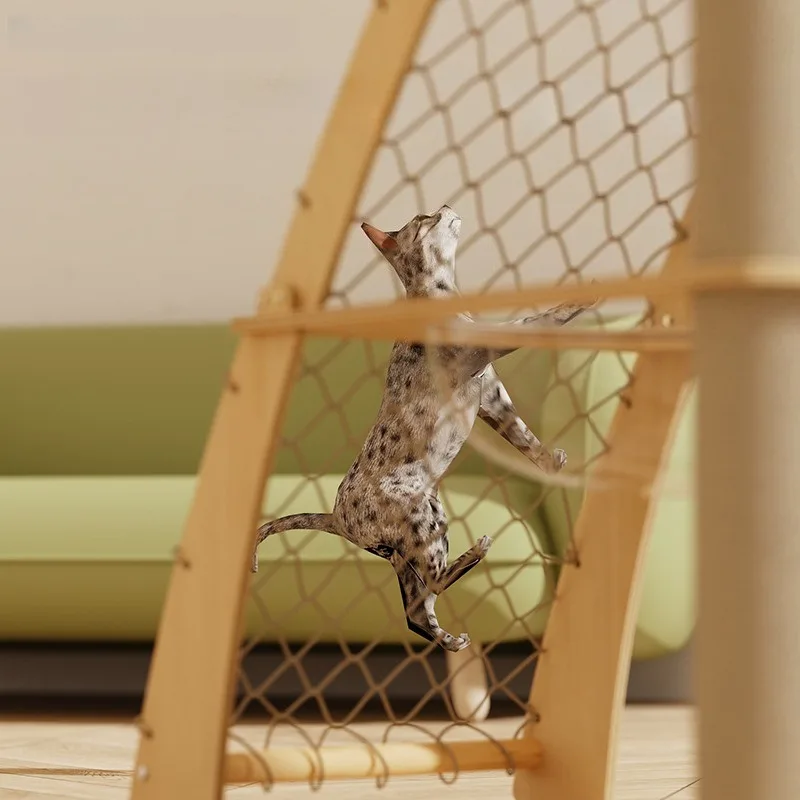 Wood Cat Tree with Climbing Net Transparent Cat Bed Scratching Post Stable Cat Furniture Indoor Cats Kittens Activity Playhouse