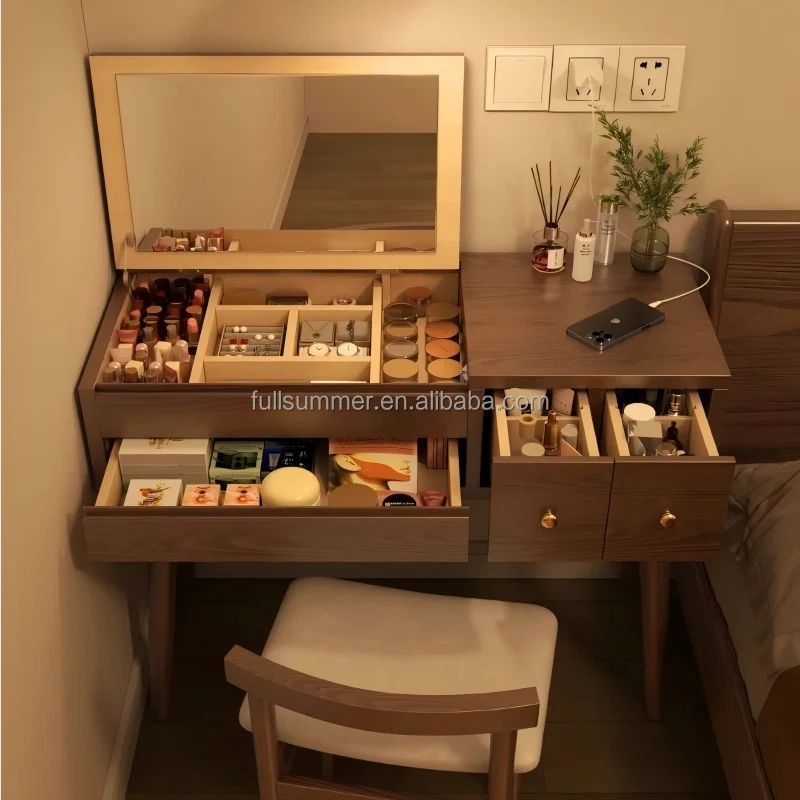 Fullsummer Solid Wood Vanity Table Modern Minimalist Dressing Table with Storage Flip-Top Makeup Desk for Bedrooms