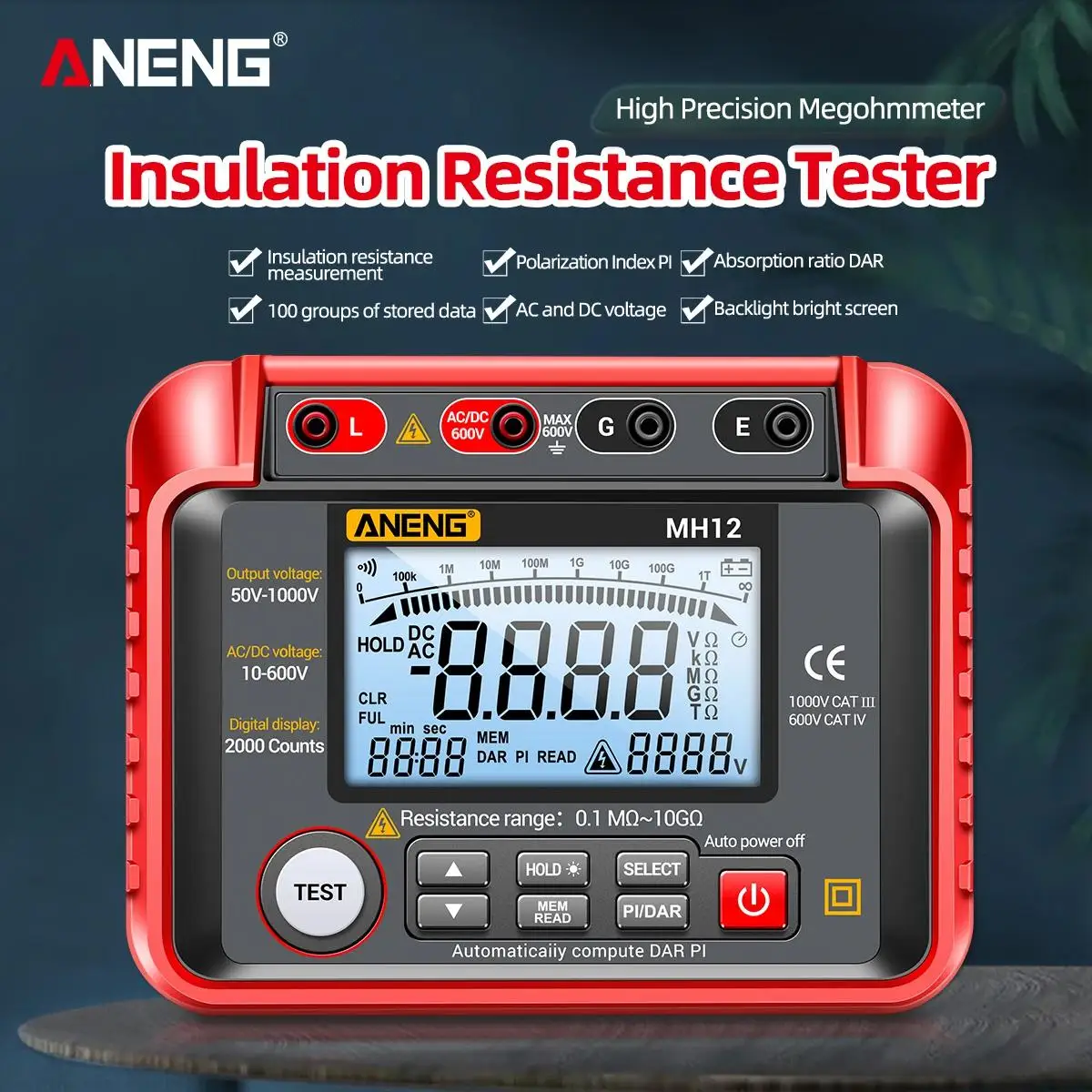 

ANENG MH12 Digital Megohmmeter Meters Insulation Earth Resistance Meters Tester cable High Voltage Voltmeter Meter