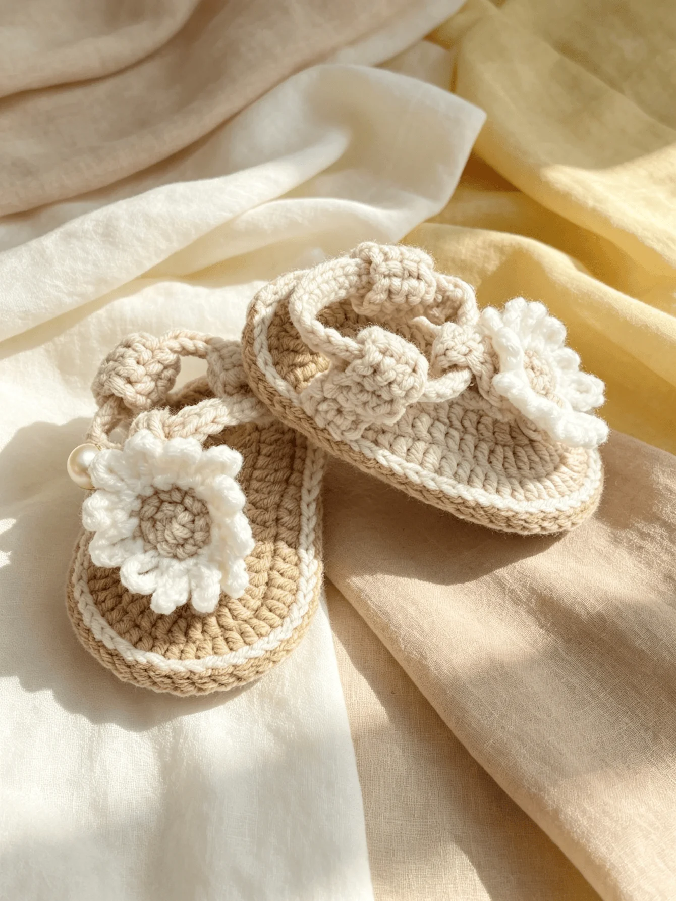 1 Paar handgefertigte gehäkelte Babysandalen für Mädchen, rosa und beige, Blumenakzent mit Perle, Neugeborenen-Schuhe – Detail 5