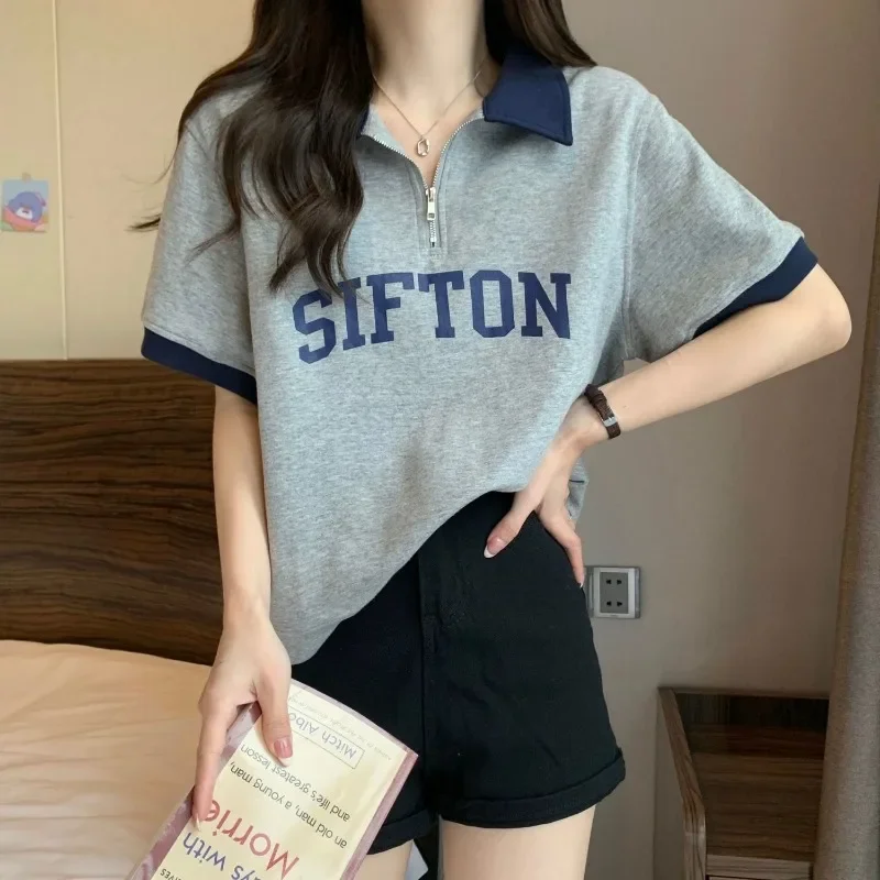 Nice Women Clothes Summer Korean Loose Letter Color Blocking Polo Collar Short Sleeve Femme All-match Commuting Appear Thin Card