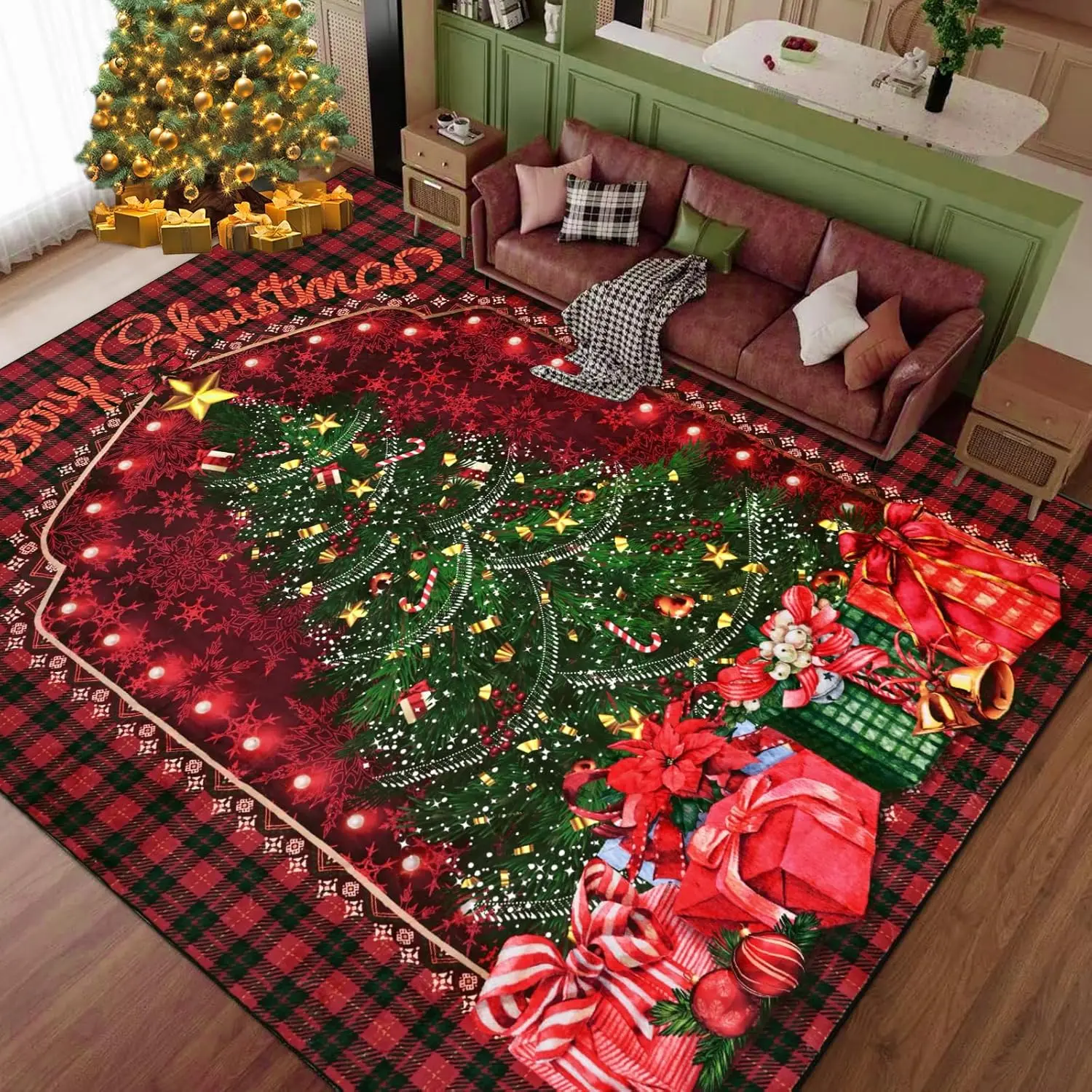 Christmas Tree Area Rug Red and Black Buffalo Plaid Gifts, Large Washable Non Slip Xmas Carpet Mat Indoor, Christmas Decorations