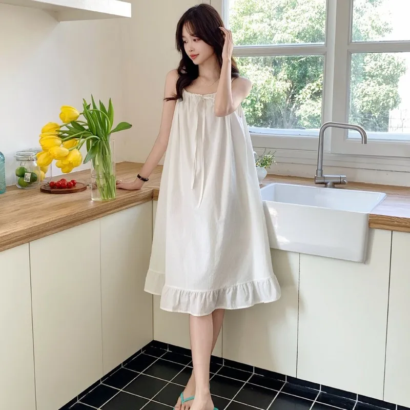 Women‘s 100% Cotton Sleep Dress with Ruffle Hem, Lightweight Short Sleeve Midi Nightgown, Cute Loose Fit Loungewear for Summer