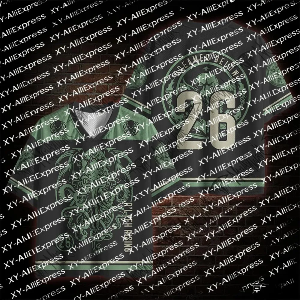 Men V-Neck Mesh Short Sleeve Jersey, Black Green Cthulhu Number26 Graphic, Lightweight Mesh Top for Dark Fantasy Street Wear