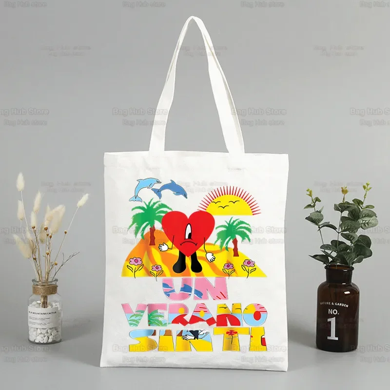 Un Verano Sin Ti Canvas Shoulder Tote Bag Bad Bunny Handbags Eco Reusable Aesthetic Singer Charms Shopping Bag Fashion Bags